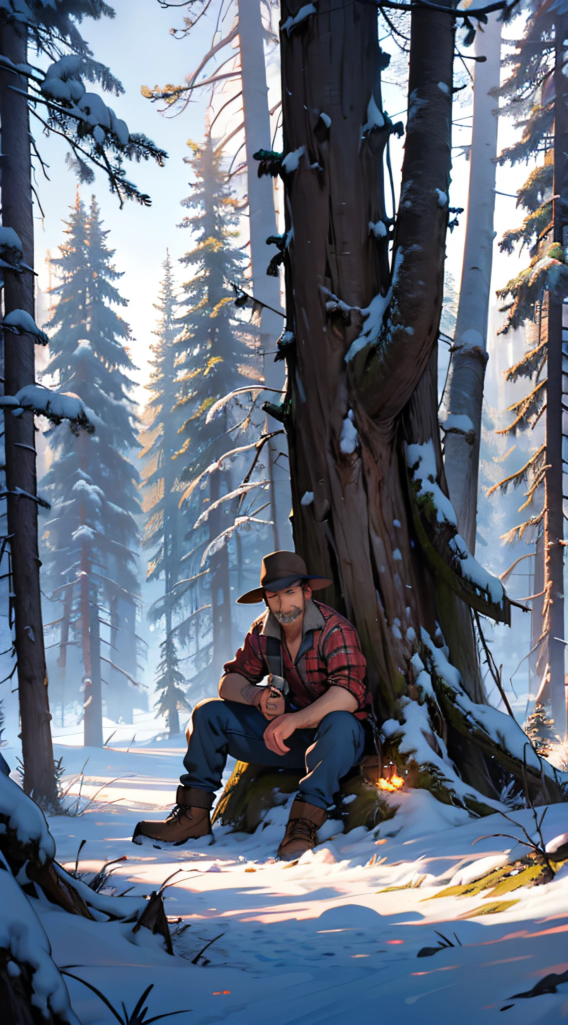 lumberjack, ultra detailed, with a tree in the background, detailed scenery, realistic image