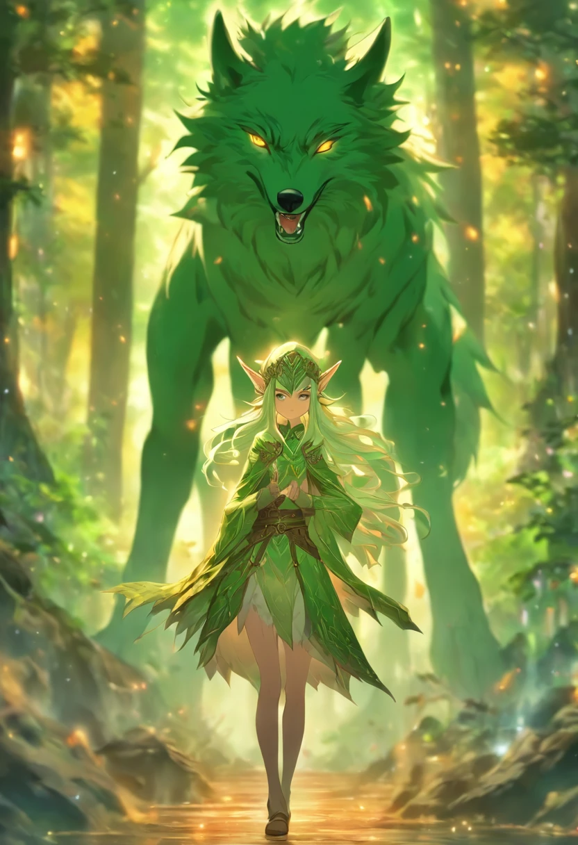 1 The elven girl held out a finger,Point forward,standing on your feet,There is 1 wolf behind him,The background is forest,facing at camera,Faraway view,Long shots