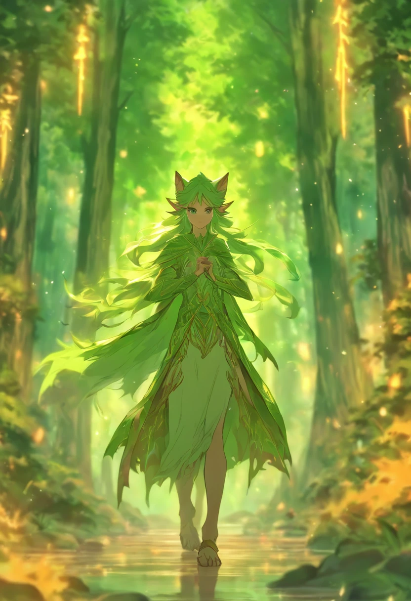 1 The elven girl held out a finger，Point forward，standing on your feet，There is 1 wolf behind him，The background is forest，facing at camera，Faraway view，Long shots