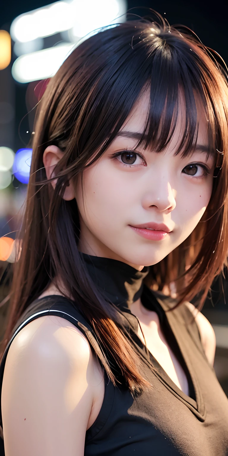 1girl, Tokyo street,night, cityscape,city lights,upper body,close-up,smile,, (8k, RAW photo, best quality, masterpiece:1.2),(realistic, photo-realistic:1.37),