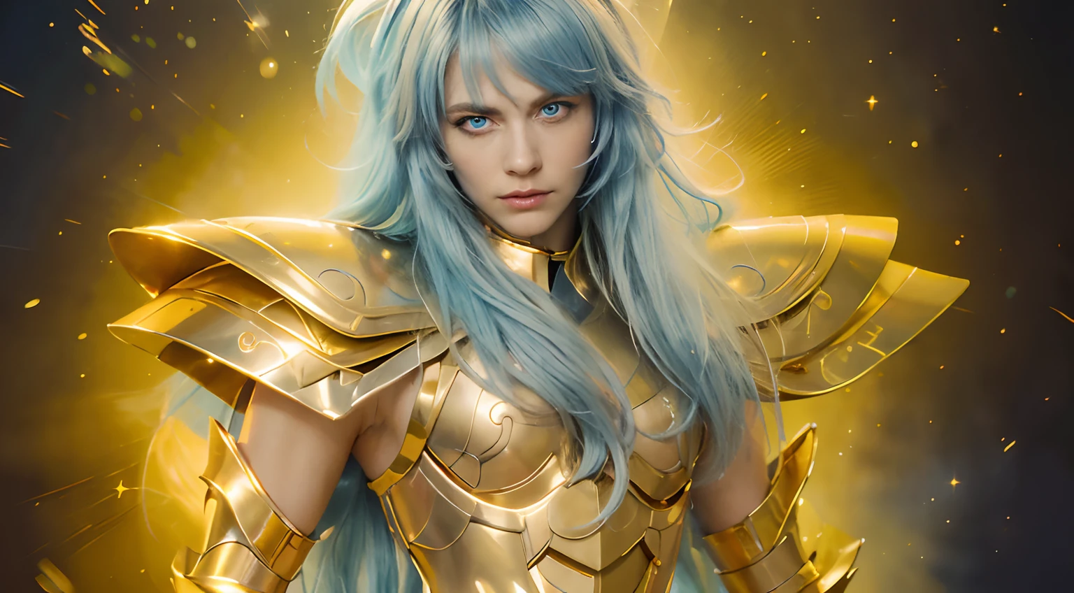 (masterpiece), (realistic) , close up portrait of a man, (male), 35 years old, Swedish, (1boy), solo, serious, looking at viewer, pretty handsome man, ((pretty big blue eyes)) (delicate face)), ((androgynous face)), (delicate rose lips), wearing an medieval armor, (full body armor), (golden armor), (chrome gold armor), (detailed armor), (ornate armor), long straight ight blue hair, (hair blowing in wind), (hair bangs), upper body, cosmic golden rain background, cinematic lighting, ((beardless)) ((perfect big blue eyes)).
