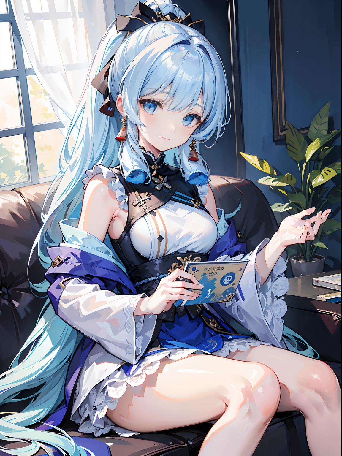 masterpiece), (best quality), (ultra detailed),(disheveled hair),(illustration), (1girl), standing, smiling, beautiful detailed eyes, light blue eyes, detailed beautiful face, (kamisato ayaka: 1.2), focus on face, ponytail, kamisato ayaka(genshin impact), light blue hair, detailed hair, bangs, best lighting, best shadow, highly detailed, vibrant, sitting on sofa