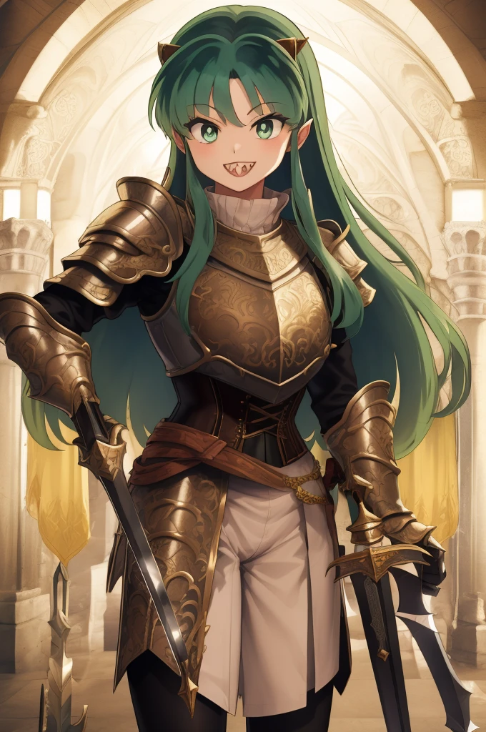 masterpiece, best quality,medieval armor,  corset, breastplate,lum, , urusei yatsura, cloak, pants, pullover, kimono,martial pov,, pantyhose, sharpteeth, standing,smile, matial art, sword holding