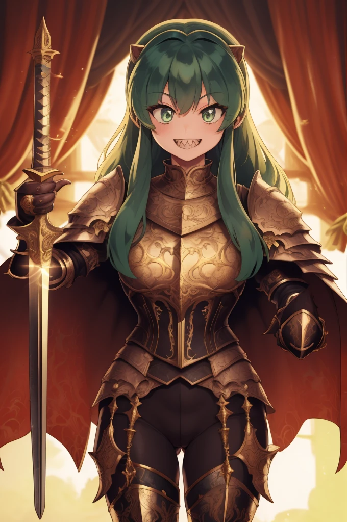 masterpiece, best quality,medieval armor,  corset, breastplate,lum, , urusei yatsura, cloak, pants, pullover, kimono,martial pov,, pantyhose, sharpteeth, standing,smile, matial art, sword holding
