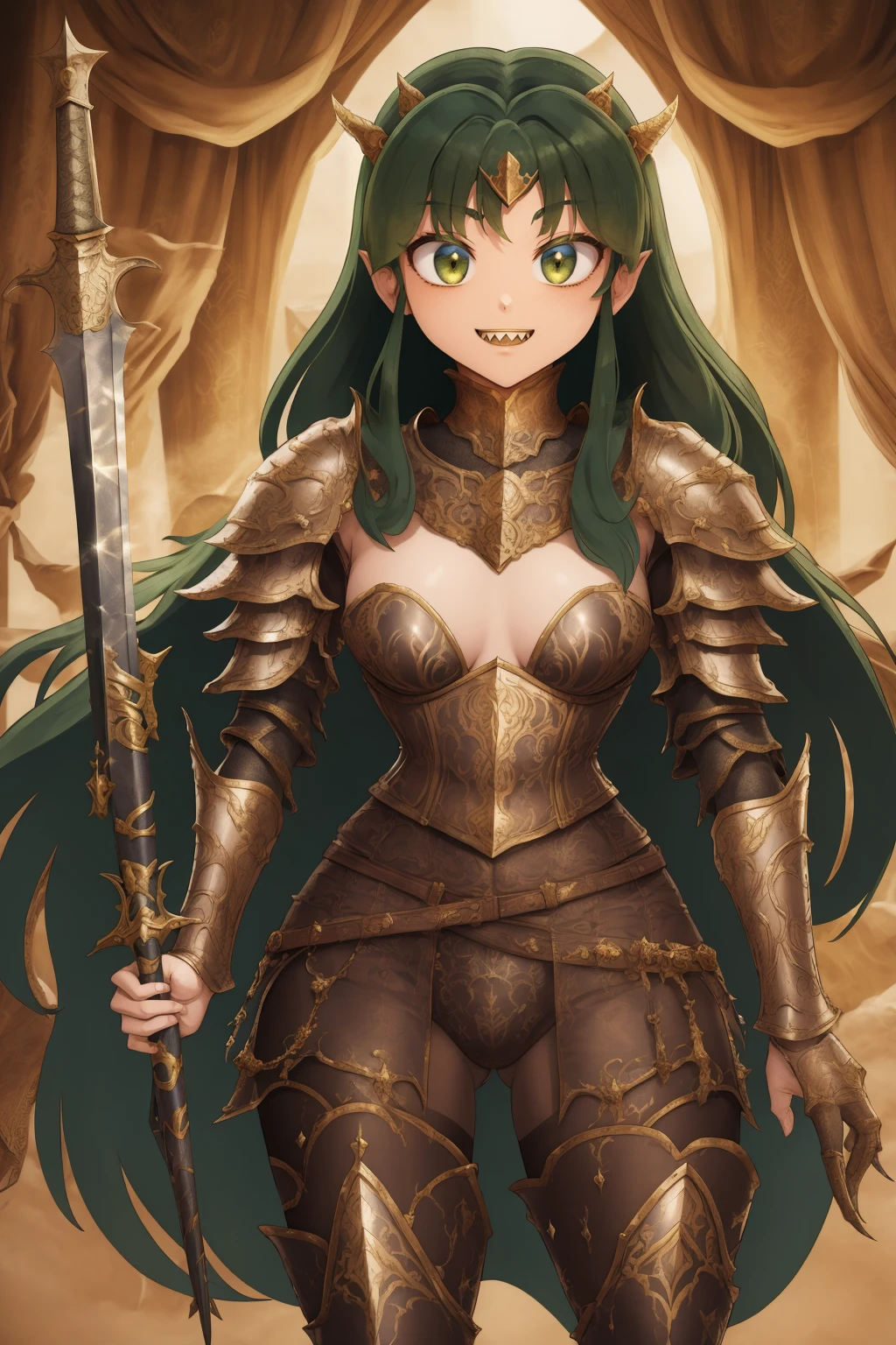 masterpiece, best quality,medieval armor, corset, breastplate,lum, , urusei yatsura, cloak, pants, pullover, kimono,martial pov,, pantyhose, sharpteeth, standing,smile, matial art, sword holding