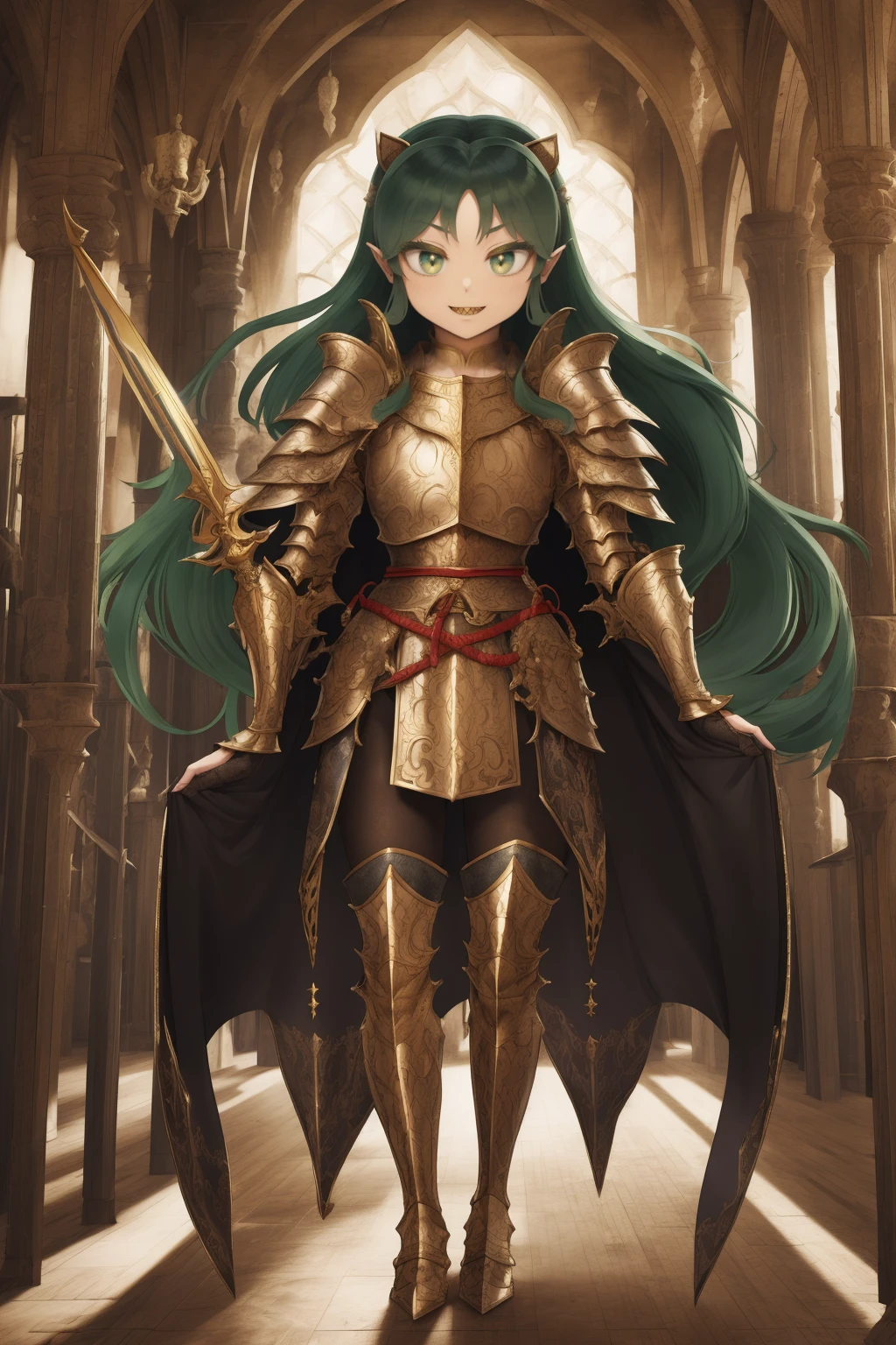 masterpiece, best quality,medieval armor, corset, breastplate,lum, , urusei yatsura, cloak, pants, pullover, kimono,martial pov,, pantyhose, sharpteeth, standing,smile, matial art, sword holding