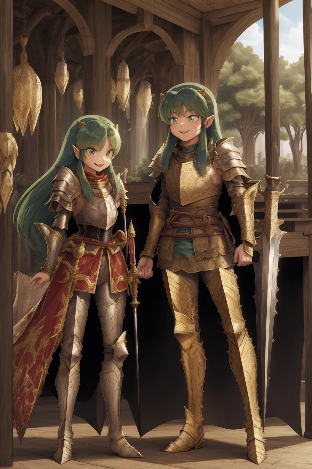 masterpiece, best quality,medieval armor, corset, breastplate,lum, , urusei yatsura, cloak, pants, pullover, kimono,martial pov,, pantyhose, sharpteeth, standing,smile, matial art, sword holding