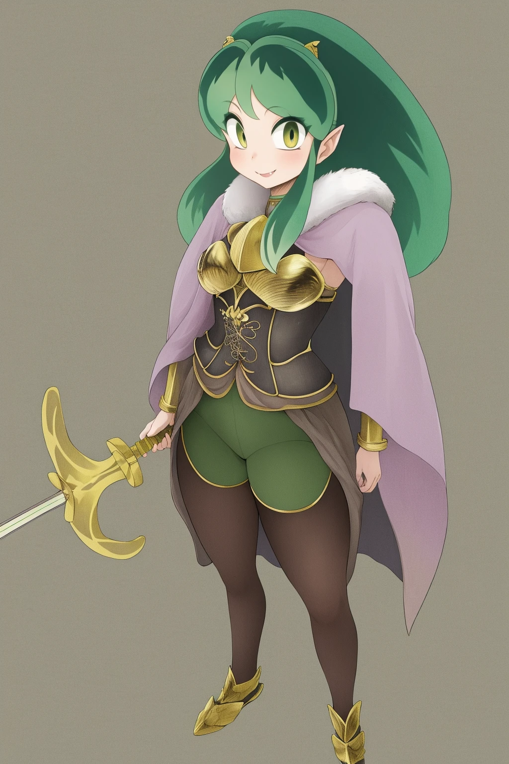 masterpiece, best quality,medieval armor, corset, breastplate,lum, , urusei yatsura, cloak, pants, pullover, kimono,martial pov,, pantyhose, sharpteeth, standing,smile, , sword holding