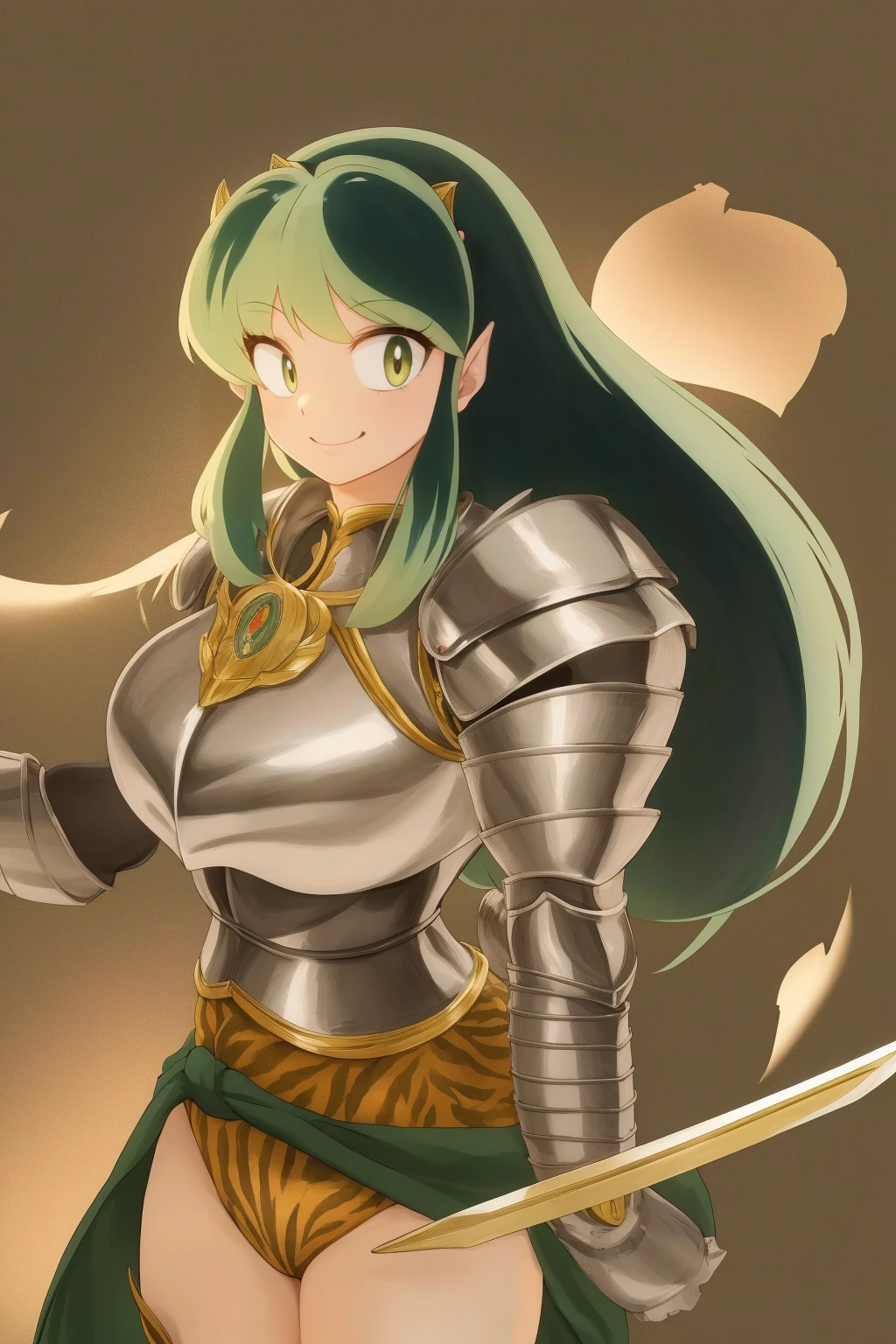 masterpiece, best quality,medieval armor, corset, breastplate,lum, , urusei yatsura, cloak, pants, pullover, kimono,martial pov,, pantyhose, sharpteeth, standing,smile, , sword holding