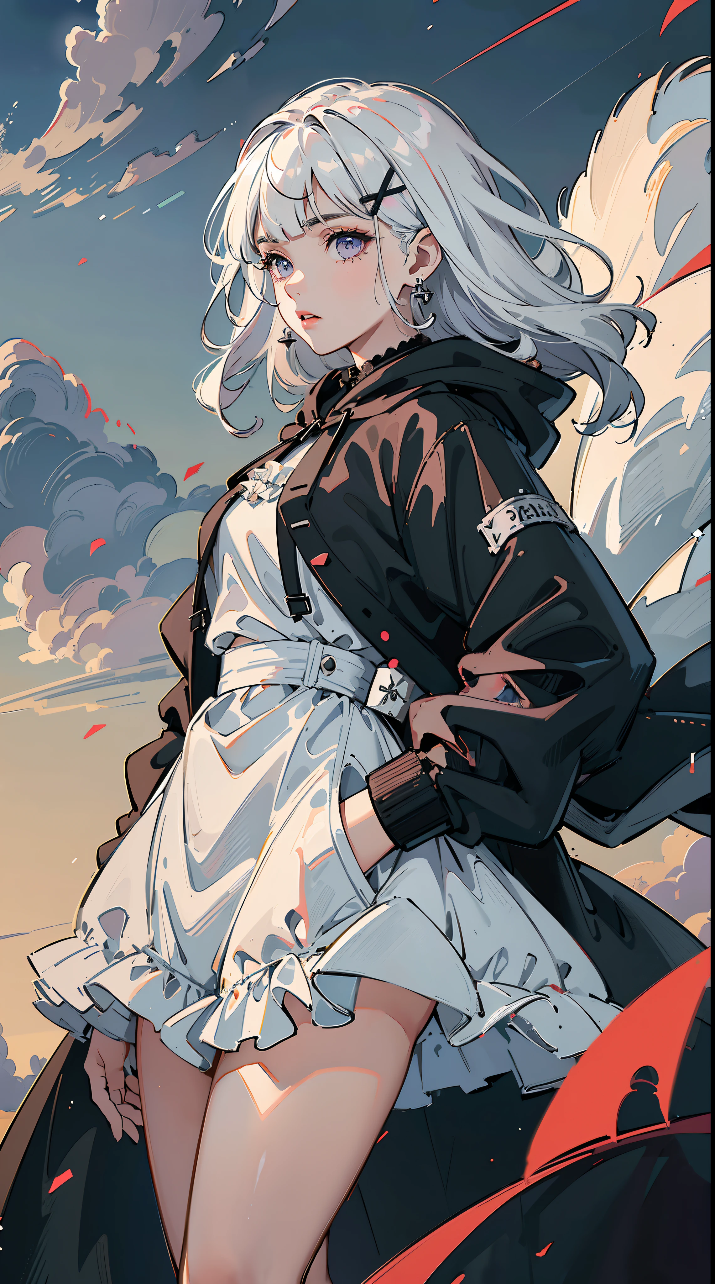 ((((frills,large black hoodie,))))((hands in pockets,))(Masterpiece illustration,Beautiful and aesthetic:1.2,head up,aim to sky), Best quality,Top quality, Epic quality,((((nature,cinematic stills, floating in the sky, cloud girl, clouds, cloudy,))))(beautiful purple sunset,moonlight,moon glare, god light, from above:1.3,))Neat face,underage,mature,Beautiful detailed hair,white hair,hyper HD, retinas, Textured skin, A high resolution, 16k ,((hairclip,blunt bangs,sidelocks,middle hair,natural curly hair)),Detailed face, 1JK, lady,Solo, Perfect face, Very amazing girl,((covered by thin translucent cloth,skindentation,high waist skirt,black hybrid white coat,large cloak,metal earrings,spiral earrings)),rim-light