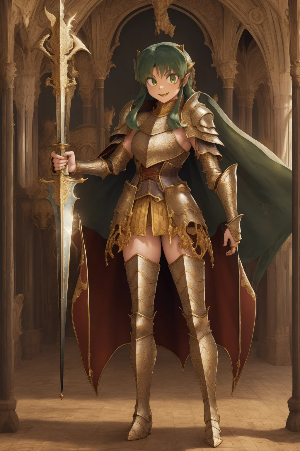 masterpiece, best quality,medieval armor, corset, breastplate,lum, , urusei yatsura, cloak, pants, pullover, kimono,martial pov,, pantyhose, sharpteeth, standing,smile, matial art, sword holding, full body, boots