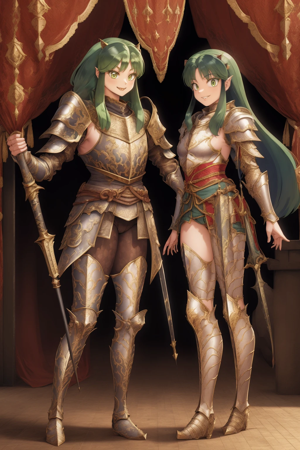 masterpiece, best quality,medieval armor, corset, breastplate,lum, , urusei yatsura, cloak, pants, pullover, kimono,martial pov,, pantyhose, sharpteeth, standing,smile, matial art, sword holding, full body, boots