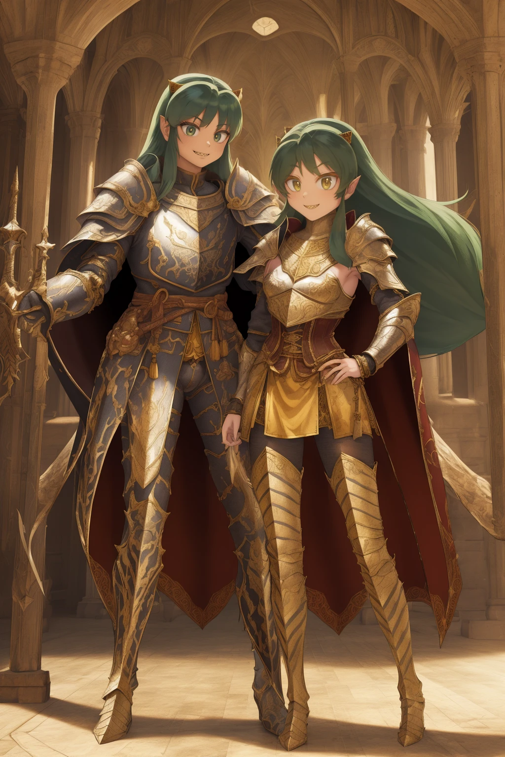 masterpiece, best quality,medieval armor, corset, breastplate,lum, , urusei yatsura, cloak, pants, pullover, kimono,martial pov,, pantyhose, sharpteeth, standing,smile, matial art, sword holding, full body, boots