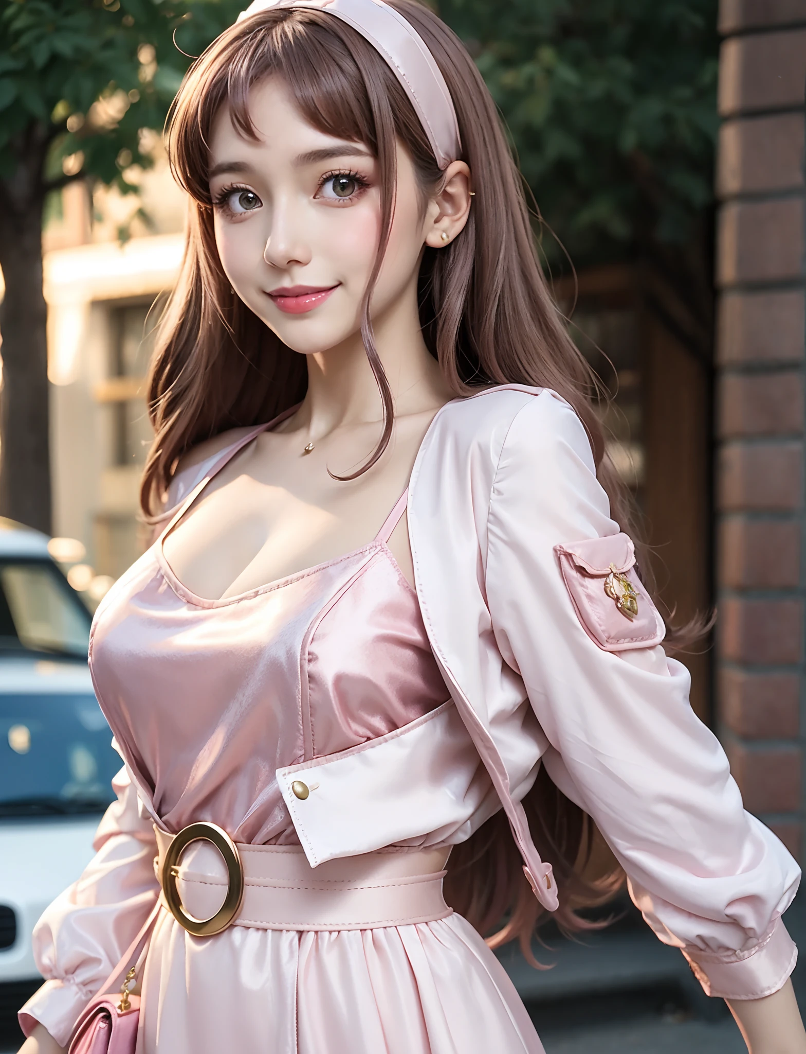 Girl Green eyes, ((smiling))brown silky hair, p ((full body))pink star-shape hair clip, brown mini dress with white bolero jacket, matching bag, pink purse attached to her waist with pink straps,