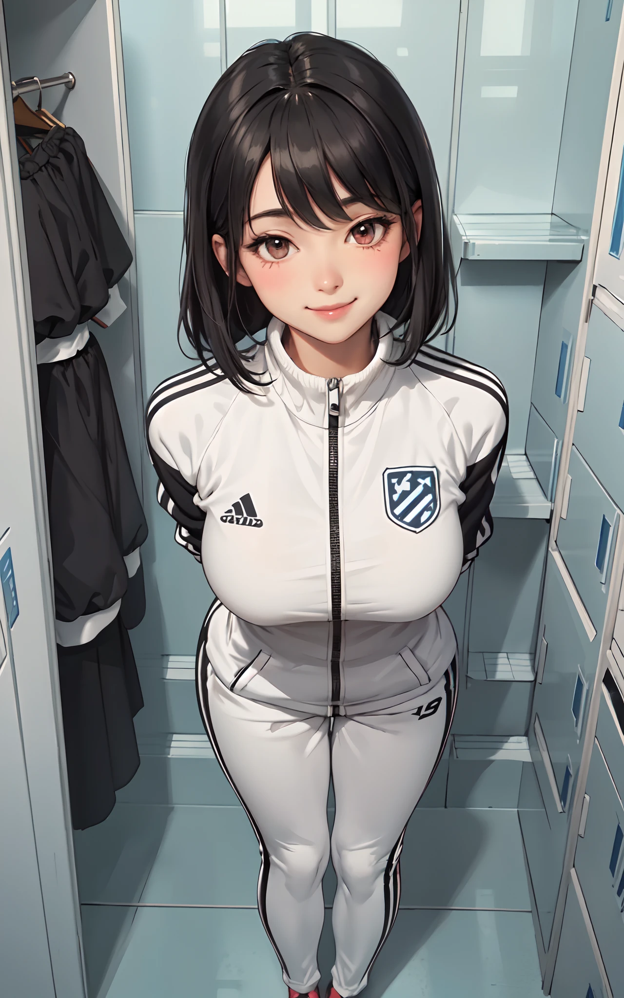1lady solo, standing, mature female, /(stylish tracksuit long sleeve/) /(sports spats/), /(black hair/) bangs, blush kind smile, (masterpiece best quality:1.2) delicate illustration ultra-detailed, large breasts, /(arms behind back) BREAK /(locker room indoors/)