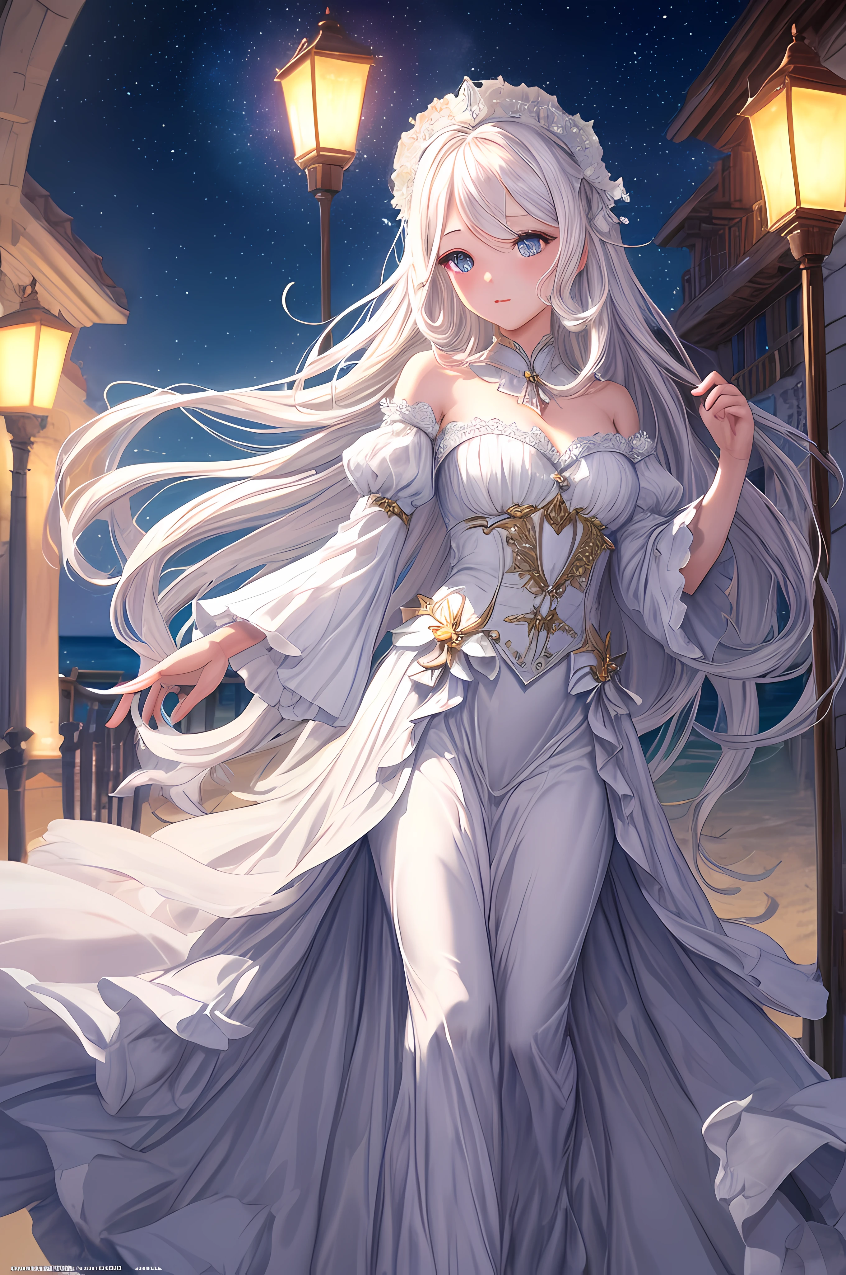 (Masterpiece, Best quality: 1.2),White color hair，Charming maiden，Dreamy，sea beach，lamplight，Deep eyes，Epic，quadratic element，starlights，Wallpapers，Background with