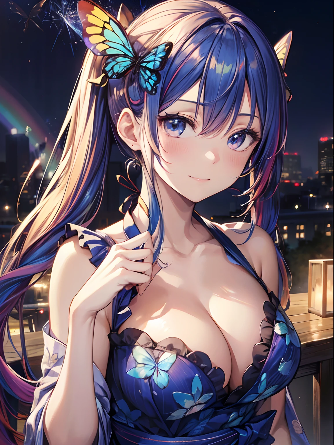 (masutepiece:1.3), (8K, Photorealistic, Raw photo, Best Quality: 1.4), Beautiful face, (Realistic face), Beautiful detailed eyes, (Realistic skin), Attractive, Intricate details,Golden ratio, 1 girl,huge smile (rainbow hair:1.4),((Long twintails,Ribbon 1.4)),Onepiece,(Blue butterfly hair ornament),cleavage,mid-riff peak,Dynamic Pose,Dynamic Angle,Intricate details, Hyper realistic,Blue butterfly yukata、sparklers、Beautiful night view