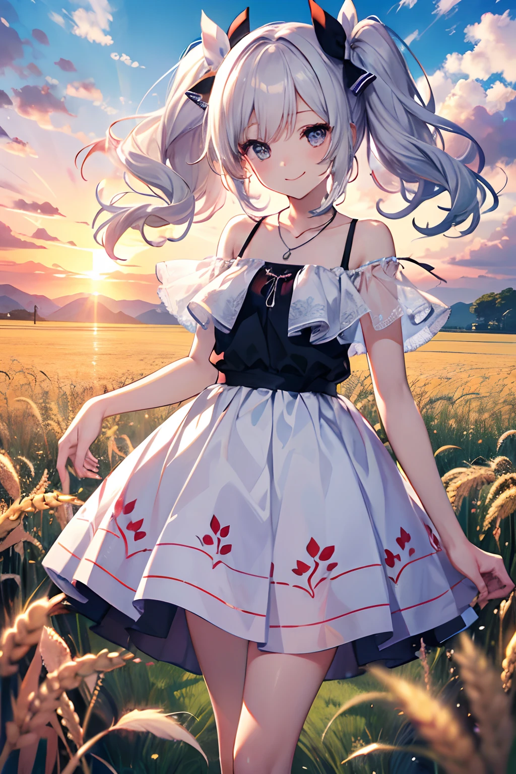 (masutepiece, Best Quality:1.2), 1girl in, 独奏, Cute, kawaii, digitalart、Sparkling wheat field、camisole、Black eyes、Sky at dusk、(Twin-tailed, Beautiful hair, Silver hair.Flowing in the wind)、Panama has、Red and white patterned mini skirt、Look at the sky, laught(Smile with your mouth slightly open)、glistning skin、Composition in which the whole body is visible、Small-faced beauty, Heart-shaped necklace,perfect-composition、Perfect light and shadow delicacy、in 8K