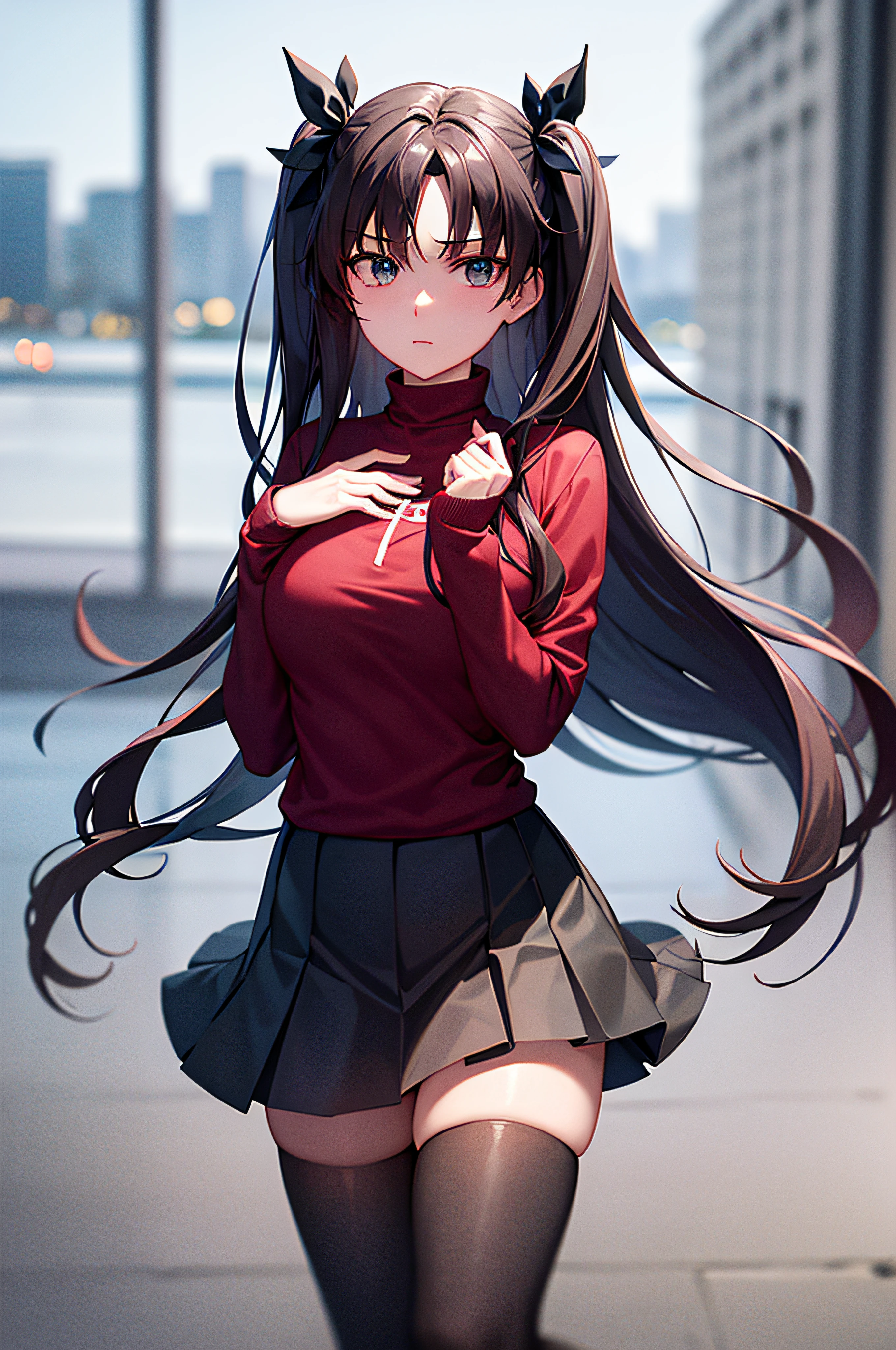 (masterpiece), best quality, expressive eyes, perfect face, 1girl, solo, rintohsaka, rin tohsaka, aqua eyes, black hair, hair ribbon, long hair, ribbon, sidelocks, two side up, black skirt, black thighhighs, long sleeves, miniskirt, pleated skirt, ((red sweater)), skirt, sweater, thighhighs, turtleneck, city background, sitting, character sheet, upper body, portrait, looking at viewer