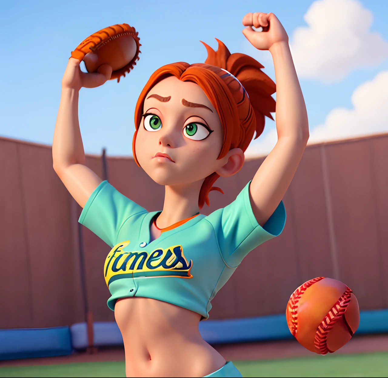 Masterpiece, (watercolor:1.3), (short stack:1.1), forward facing, eyes on camera, serious expression, (action shot:1.4) , (upper body strength:1.3), contrapposto (tattoo:1), softball pitcher, auburn hair, green eyes, (string bikini:1), pitching a softball at viewer, (focus on softball in foreground:1.4), sunny, natural lighting, High definition, excellent resolution, excellent quality, insane detail, semi realistic, postprocessed, crisp face, facial features, extremely detailed, facial features