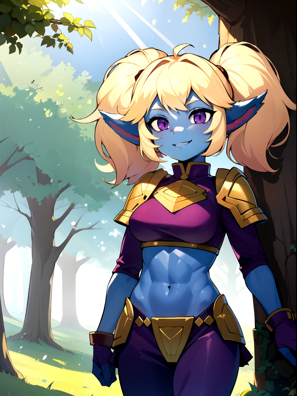 poppy, twintails,blue skin,furry,fluffy ears,yordle,shortstack,1girl,blonde hair,standing up,purple eyes,arms wide,hands,breasts,(armor),forest,sunlight,bush,abs,smile,hand on tree