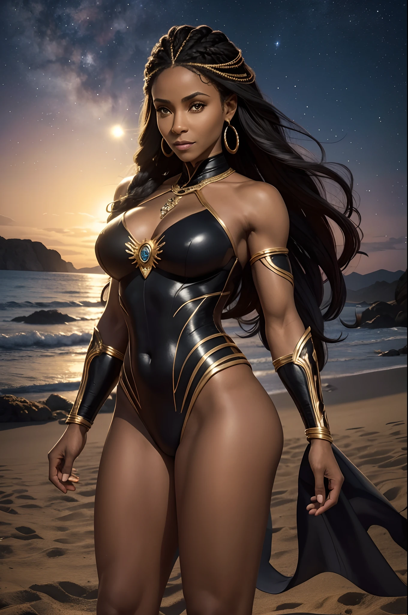 Jada Pinkett as Black Goddess, uma deusa negra, 29 anos, bodysuit tomara que caia dourado, coxas expostas, armadura de ouro, Superheroine woman , gold armbands, Manoplas gold, colar gargantilha de douro, tiara dourada, brincos grandes de argola, faixa dourada, pose majestosa, cabelos negros, cabelos pretos, Cabelos Longos, braided hair, Curvilinear athletic body, Muscles, Ombros, ombros largos, coxas, seios, Exposed glutes, Vista lateral do corpo, olhos azuis, look-at-camera, facial expression of tenderness, Romantismo, deserto de areia, pedras, night sky, fora, raios de luz