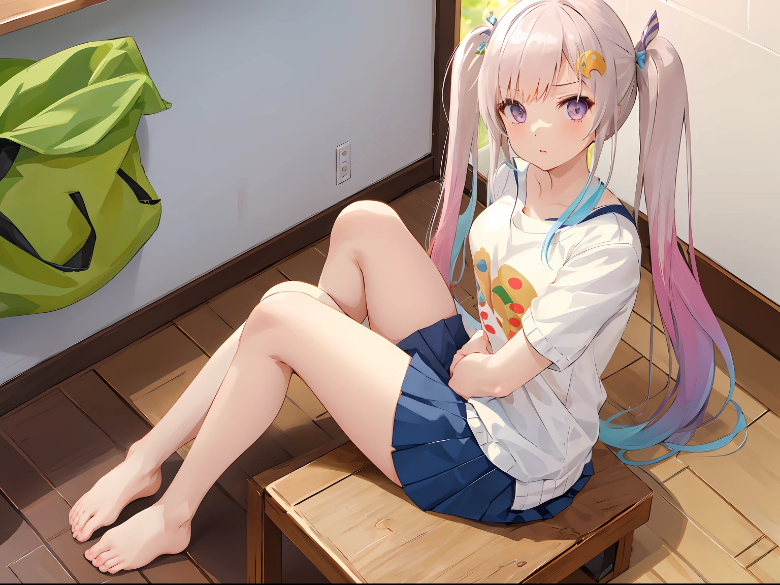 1girl, casual clothes, t-shirt, pleated skirt, twintails, long hair, short sleeves, knees together feet apart, room, sitting on floor, against wall, facing viewer, hands on own knees, from above, bare foot