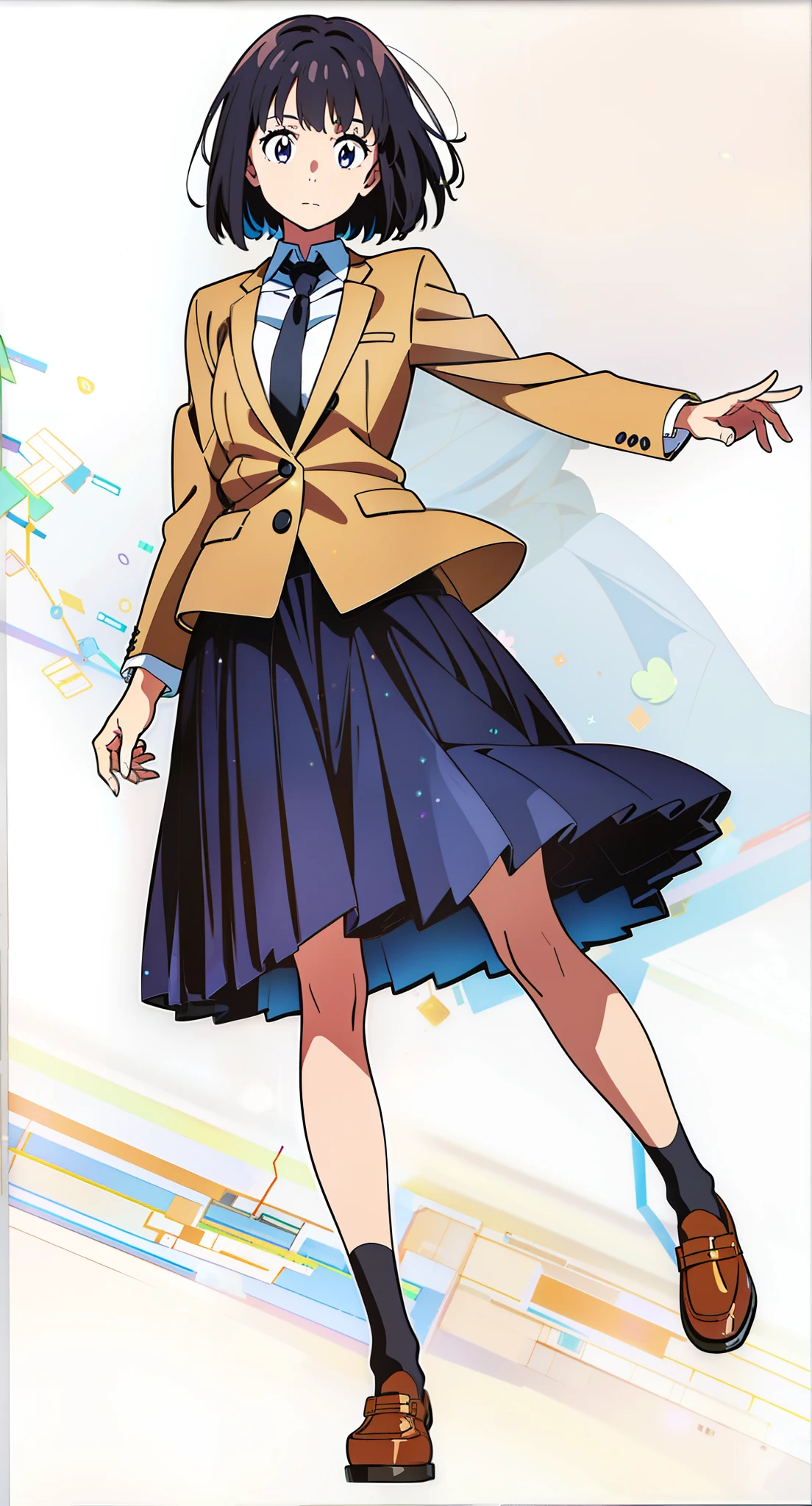 (black skirt:1.25), (anime:1.5), (official art:1.5), (white background:1.1), (best quality:2.0), (masterpiece:1.0), (full body:1.0), (solo:1.0), (a 18yo cute girl:1.0), (long skirt:1.0), (dark blue skirt:1.0), (pleated skirt:1.0), (school uniform beige blazer:1.0), (dark blue necktie:1.0), (black socks:1.0), (loafers:1.0), (ideal ratio body proportions:1.0), (lanky:1.0), (tall:1.0), (slender:1.0), (small breasts:1.0), (smaller face:1.0), (tareme:1.2), (detailed beautiful eyes:1.1), (detailed beautiful face:1.1), (glowing black eyes:1.0), (bob cut hair:1.0), (black hair:1.0)