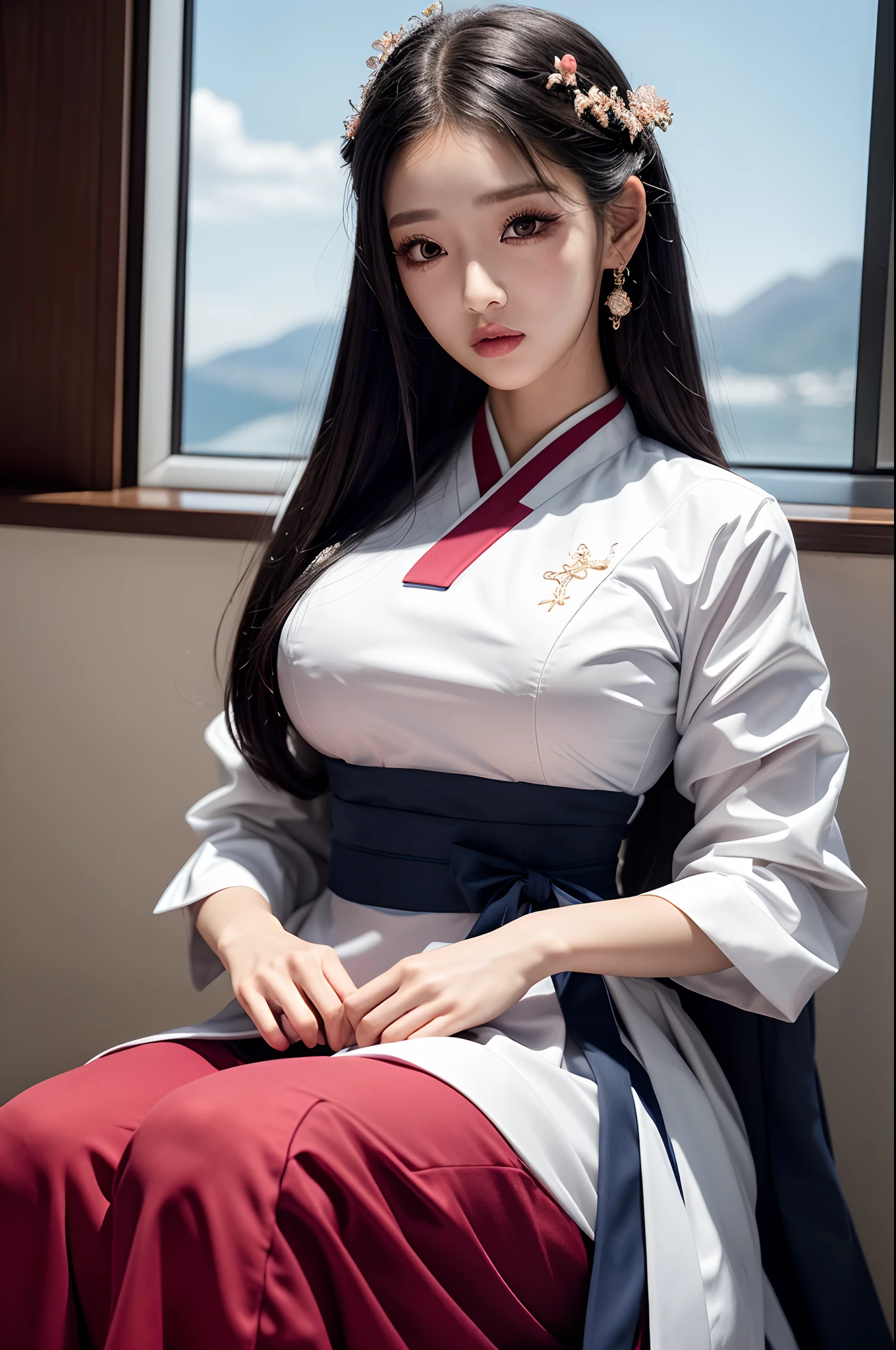 best quality, tmasterpiece,Ultra-high resolution,Clear face,(Reality:1.4),ferpect lighting,(upper body shot), (photorealistic:1.50), anime wallpaper, Guviz style artwork, cover-up fantasy up to magic , by Yang J, Guviz, beautiful artwork illustration, beautiful digital artwork, beautiful digital illustration, Li Song, beautiful anime portrait, art style in Beauvot,General Nice outfit White outfit Blunt bangs Braided (middle bust: 1.4) cleavage Kimono sleeve width Hair accessories Daily wear (Red belt: 1.4) (light black hair: 1.4) Very long hair, straight hair, delicate face, cold face, (smooth chin: 0.85), staring audience, beautiful eyes, purple eyes, eye details, skirt, bright lighting, front lighting, (super giant breasts: 1.3), (Sagging breasts:1.0) random poses, Indoor background,