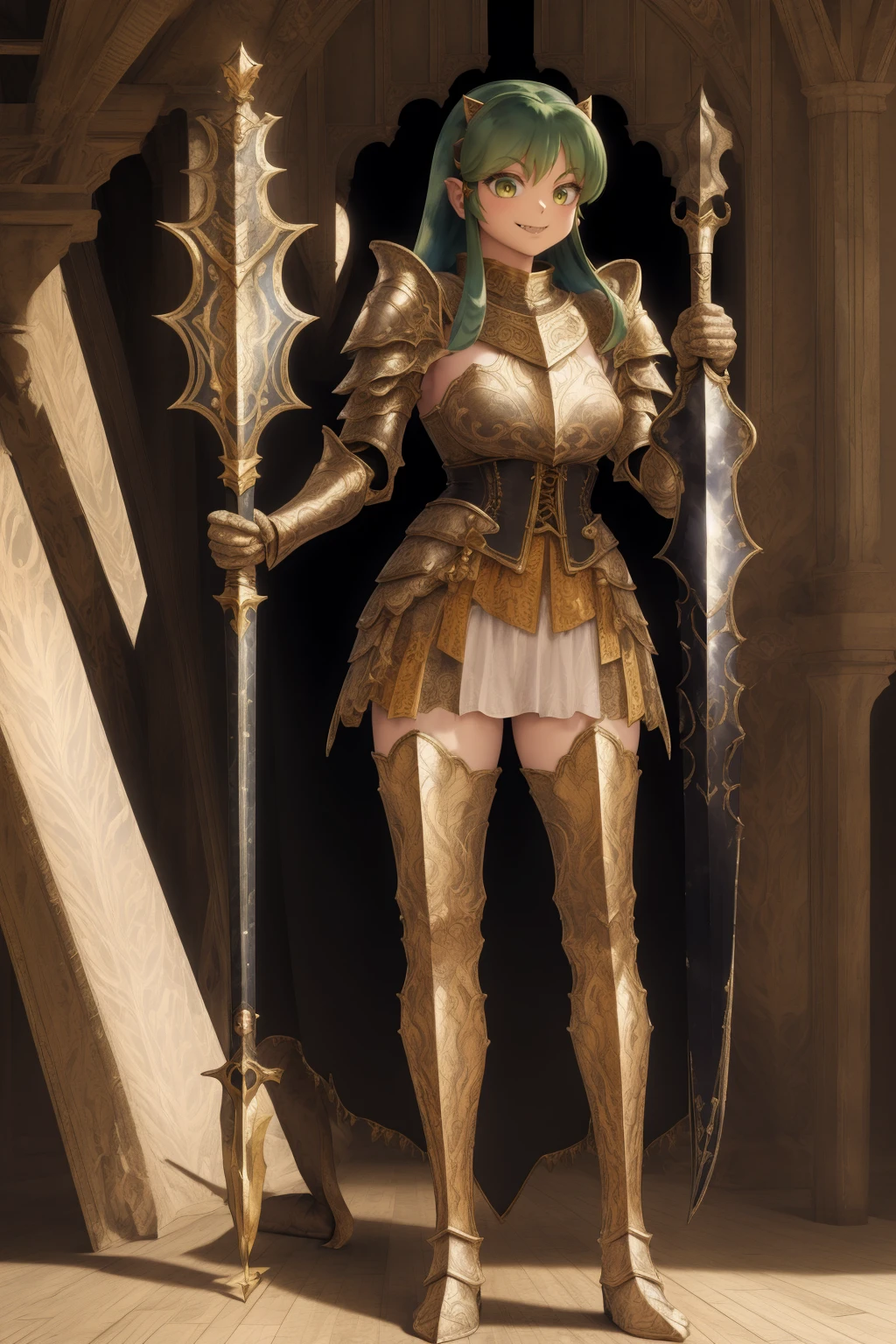 masterpiece, best quality,medieval armor, corset, breastplate,lum, , urusei yatsura, cloak, pants, pullover, kimono,martial pov,, pantyhose, sharpteeth, standing,smile, matial art, sword holding, full body, boots