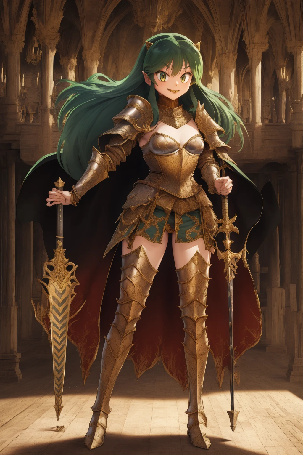 masterpiece, best quality,medieval armor, corset, breastplate,lum, , urusei yatsura, cloak, pants, pullover, kimono,martial pov,, pantyhose, sharpteeth, standing,smile, matial art, sword holding, full body, boots