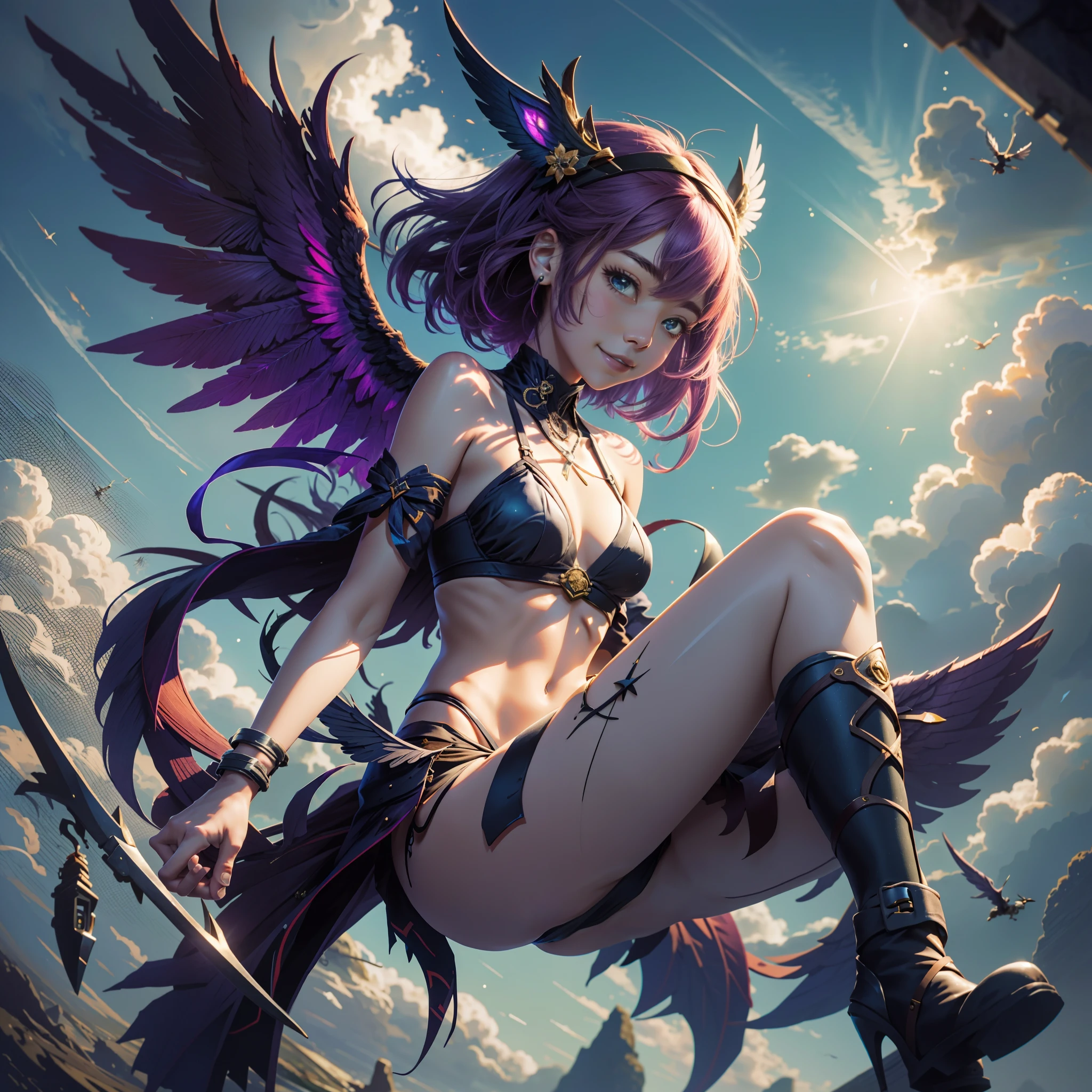 Best Quality, masutepiece, 1girl in, Solo, Mileska Dark Willow, Dota 2, Dark willow, floating, Flying, maikurobikini, side tie thong, Bare shoulders, Smile, Wings, Full body, In-game models