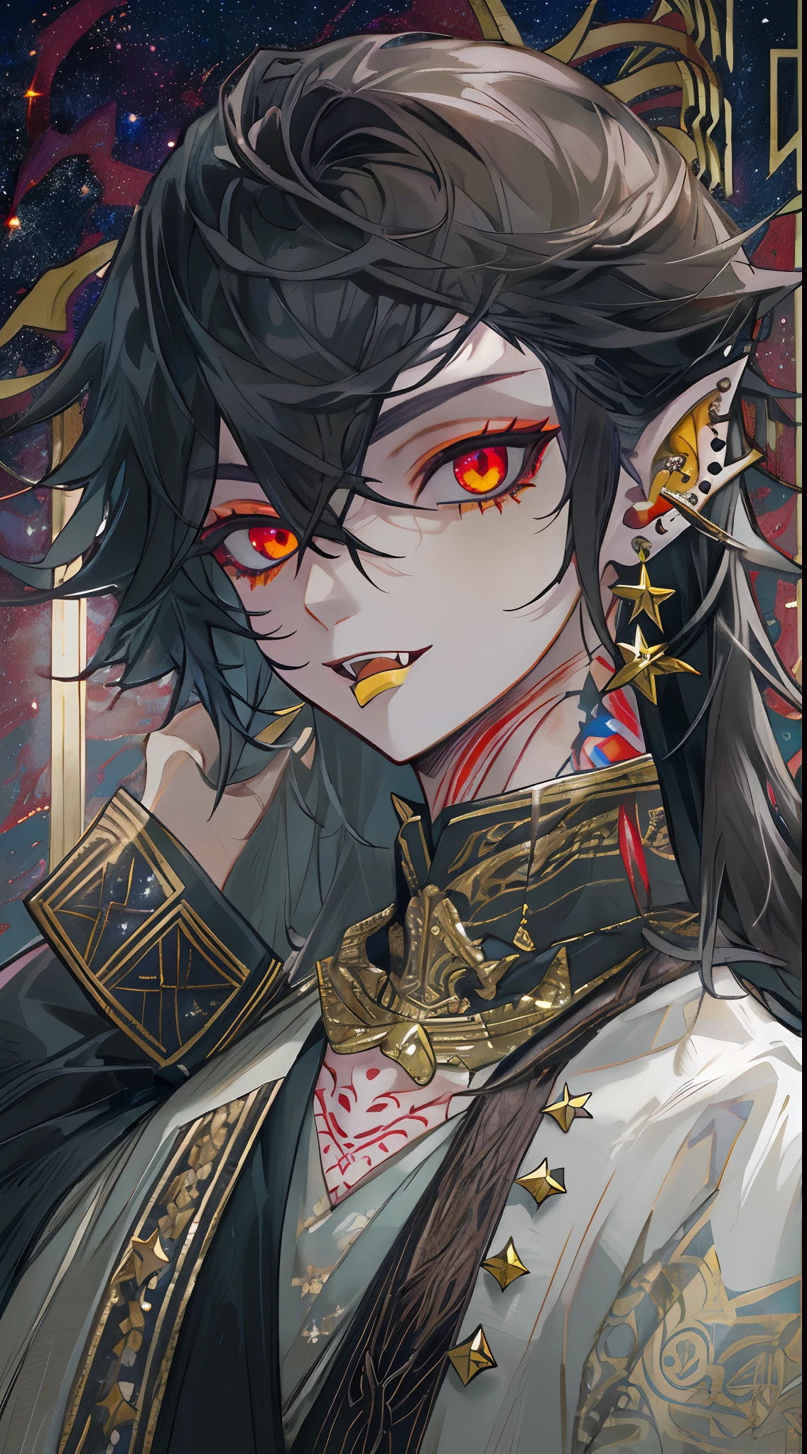 (((8k, RAW photo, best quality, Masterpiece: 1.4))), super high resolution, super detailed, illustration, close-up, handsome man, red eyes, (detailed eyes, bright eyes:1.2), black medium-length hair, elf, vampire, pale skin, ear piercings, kimono, dark, black clothes, detailed clothes, gold accessories on clothes, shows tongue, sharp fangs, (perfect anatomy:1.2), high quality shadows, natural lighting, (white highlights:1.2), night, dark sky, (neck tattoo:1.2), (starry sky:1.2)