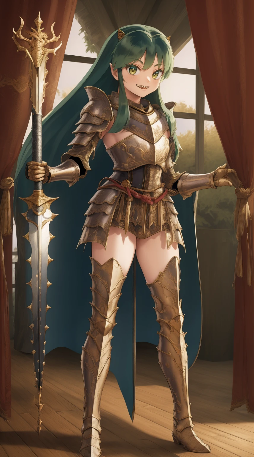 masterpiece, best quality,medieval armor, corset, breastplate,lum, , urusei yatsura, cloak, pants, pullover, kimono,martial pov,, pantyhose, sharpteeth, standing,smile, matial art, sword holding, full body, boots