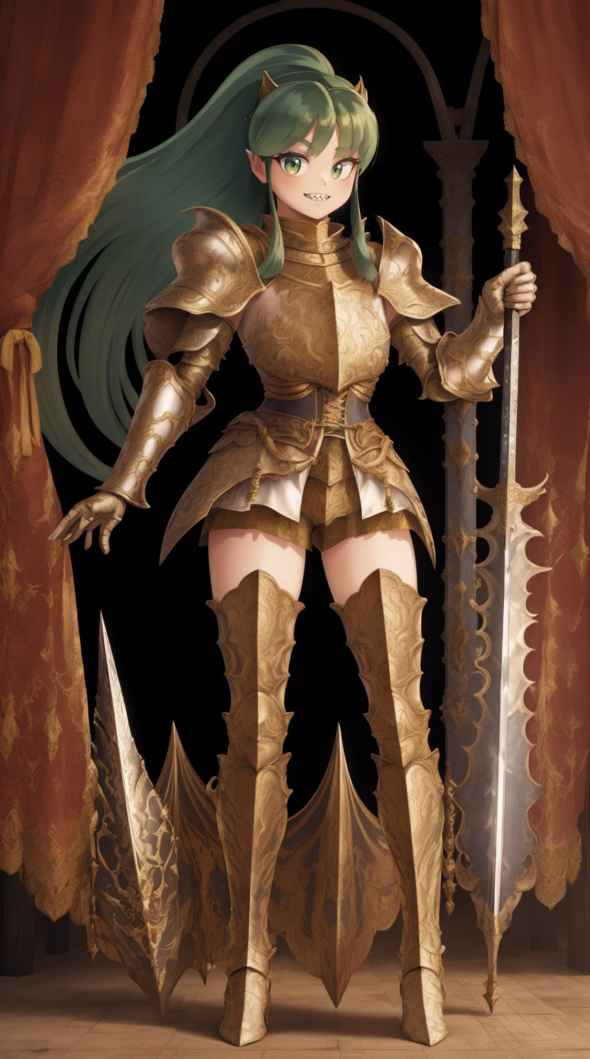 masterpiece, best quality,medieval armor, corset, breastplate,lum, , urusei yatsura, cloak, pants, pullover, kimono,martial pov,, pantyhose, sharpteeth, standing,smile, matial art, sword holding, full body, boots