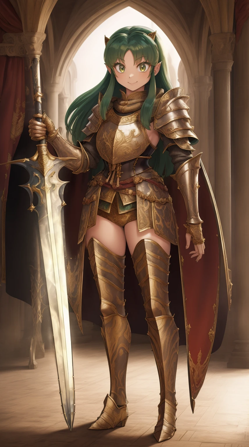 masterpiece, best quality,medieval armor, corset, breastplate,lum, , urusei yatsura, cloak, pants, pullover, kimono,martial pov,, pantyhose, sharpteeth, standing,smile, matial art, sword holding, full body, boots
Preparing