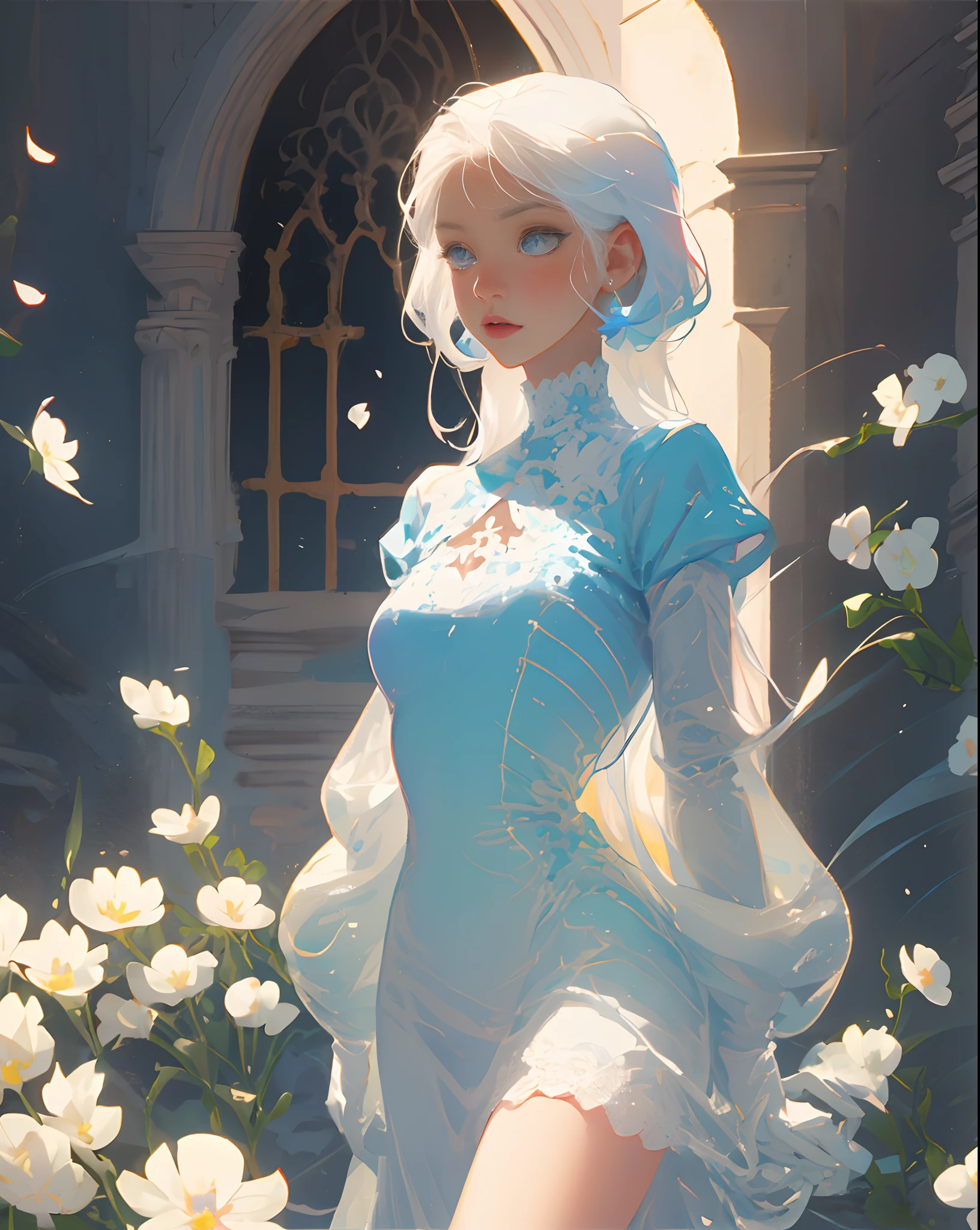 1girl, white hair, long hair, long white dress, blue eyes, blue petals falling in the background, big chest, white wings, a singular church window in the background, blue orientated background, detailed eyes, high detail, blue flowers on the dress, happy facial expression, white lace gloves, anime art style