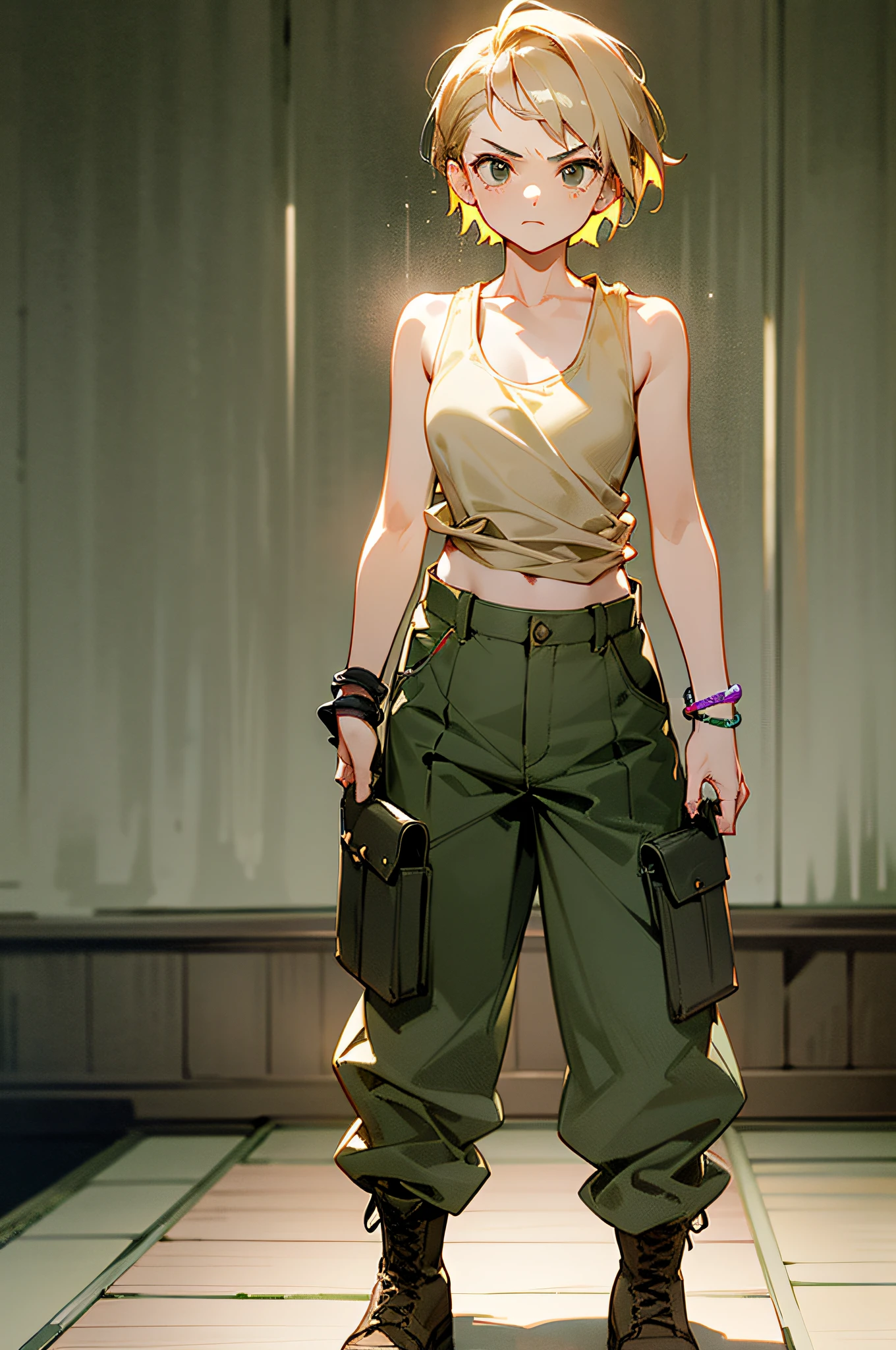 1female, adult, beige hair, short hair, modern undercut hair, tomboy hair, tank top, cargo pants, baggy pants, bracelets, military boots, standing on path, japanese village, serious expression, ((masterpiece quality)) perfect lighting