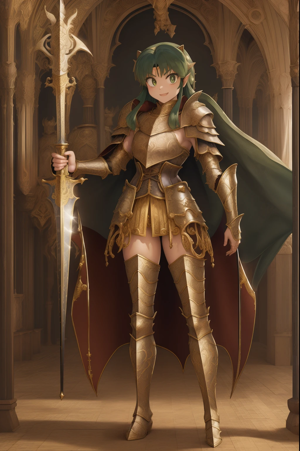 masterpiece, best quality,medieval armor, corset, breastplate,lum, , urusei yatsura, cloak, pants, pullover, kimono,martial pov,, pantyhose, sharpteeth, standing,smile, matial art, sword holding, full body, boots