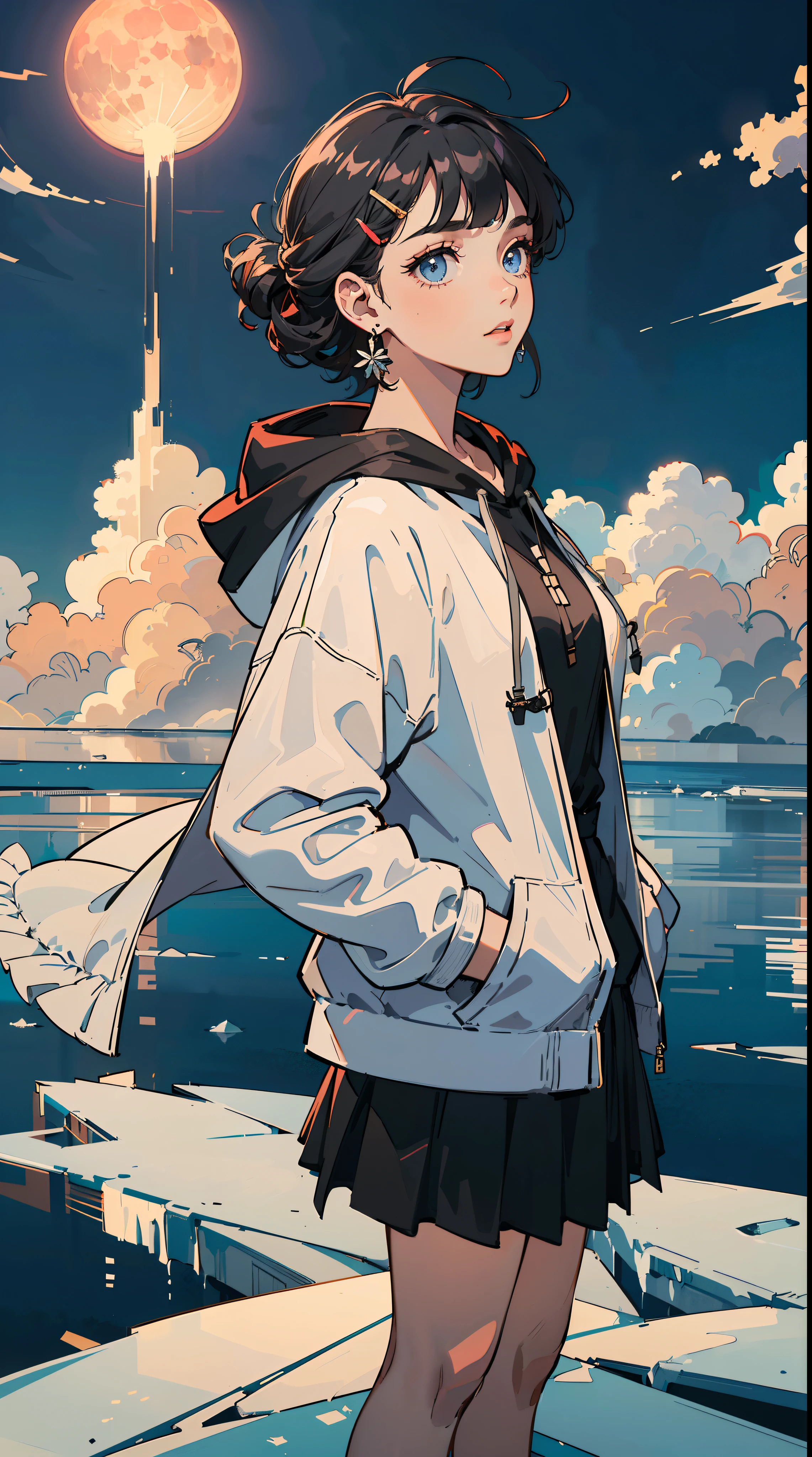 ((((frills,large black hoodie,))))((hands in pockets,))(Masterpiece illustration,Beautiful and aesthetic:1.2,head up,aim to sky), Best quality,Top quality, Epic quality,((((nature,on a floating ice ,outdoor,cloudy,))))(blue moonlight,moon glare, god light, from above:1.3,))Neat face,underage,mature,Beautiful detailed hair,red hair,hyper HD, retinas, Textured skin, A high resolution, 16k ,((hairclip,blunt bangs,sidelocks,short hair,natural curly hair,updo,knot top)),Detailed face, 1JK, lady,Solo, Perfect face, Very amazing girl,((covered by thin translucent cloth,skindentation,high waist skirt,black hybrid white coat,large cloak,metal earrings,spiral earrings)),rim-light