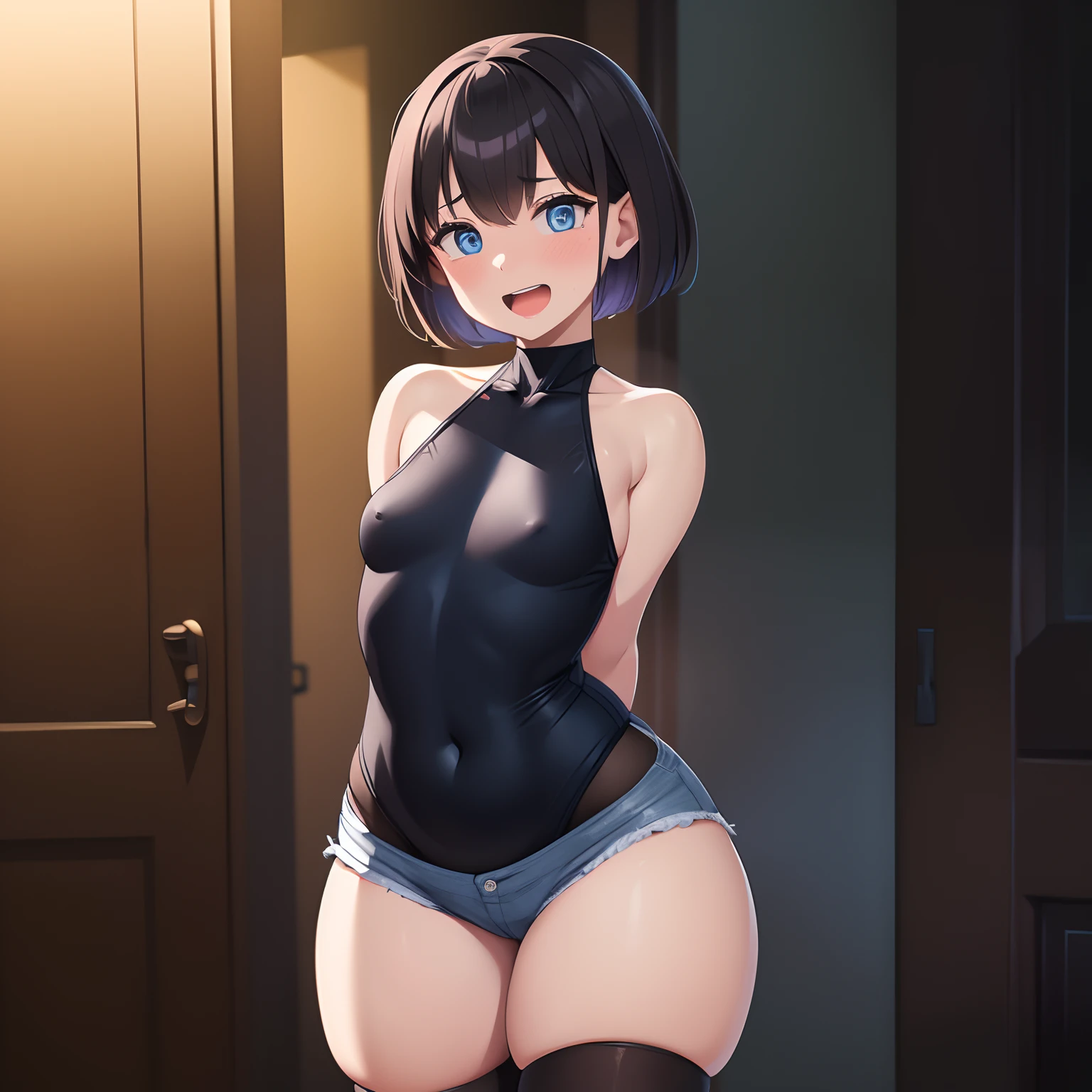 masterpiece, best quality, extreme detail, digital painting, absurdres, volumetric lighting, 1girl,solo, small breasts, short hair, blue eyes,short shorts,thighhighs,thick thighs,wide hips,standing, heavy blush,smile , open mouth, arms behind back, hands behind back, eyes rolled, orgasm, orgasmic face