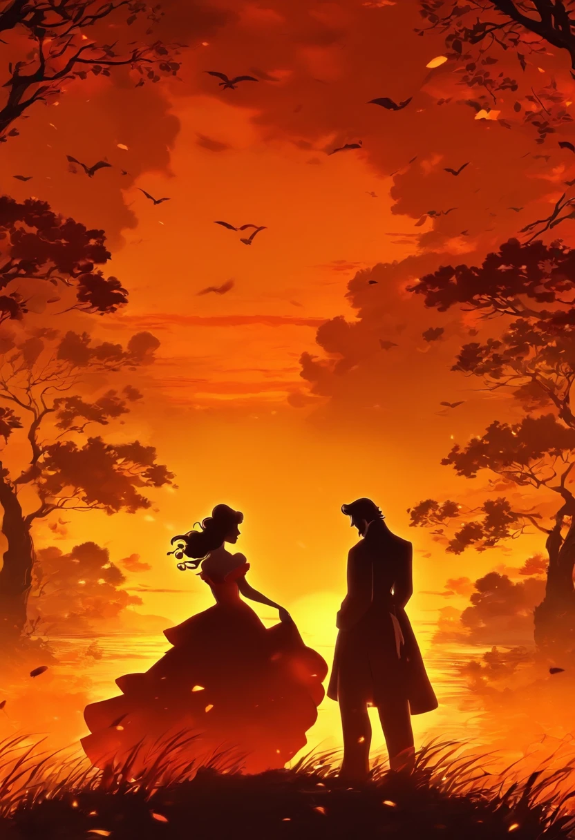 Flat illustration style,cinematic ligh《GONE WITH THE WIND》poster for,There is a silhouette of a tree in the center,(Add text:GONE WITH THE WIND:1.37),(Add text:GONE WITH THE WIND:1.37),suns,Business posters