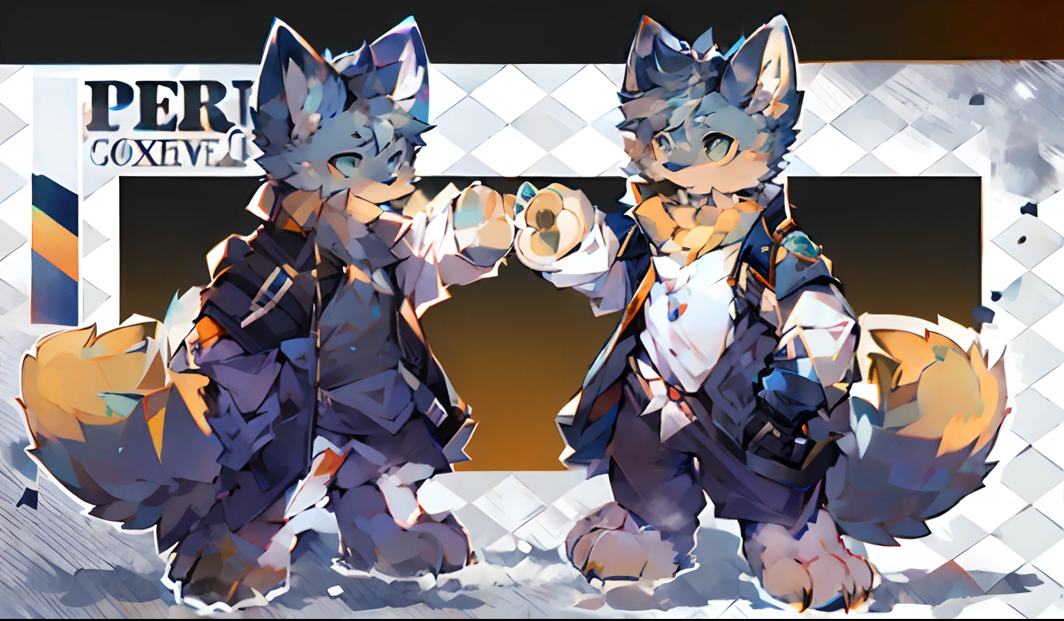 furry male blue white pattern blue pupil fox bright pupil standing wearing blue cotton jacket snow mountain sunset