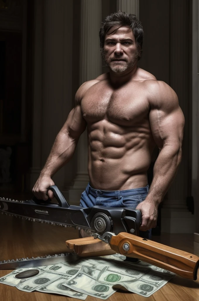 portrait of man (mil3i:1) without clothes muscular, holding a chainsaw, in the background the central bank, 100 dollar bills lying on the floor ,very detailed face, high quality, in the day, 8k