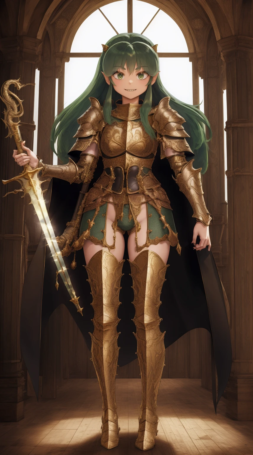 masterpiece, best quality,medieval armor, corset, breastplate,lum, , urusei yatsura, cloak, pants, pullover, kimono,martial pov,, pantyhose, sharpteeth, standing,smile, matial art, sword holding, full body, boots , pant, medium breast