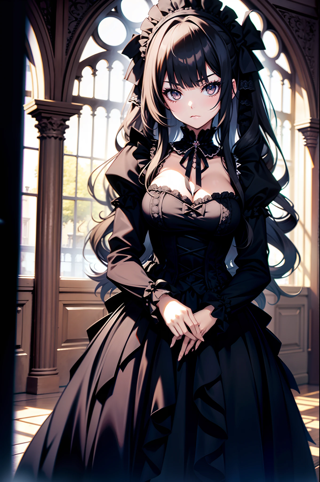 anime, goth girl, emo girl, long hair, lolita hair, gothic dress, black dress, victorian dress, white eyes, gothic art style, in a mansion, two maids behind,