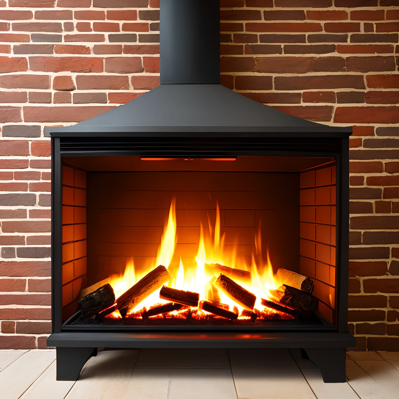 Cozy fireplace, close up fire shoot, brick as background