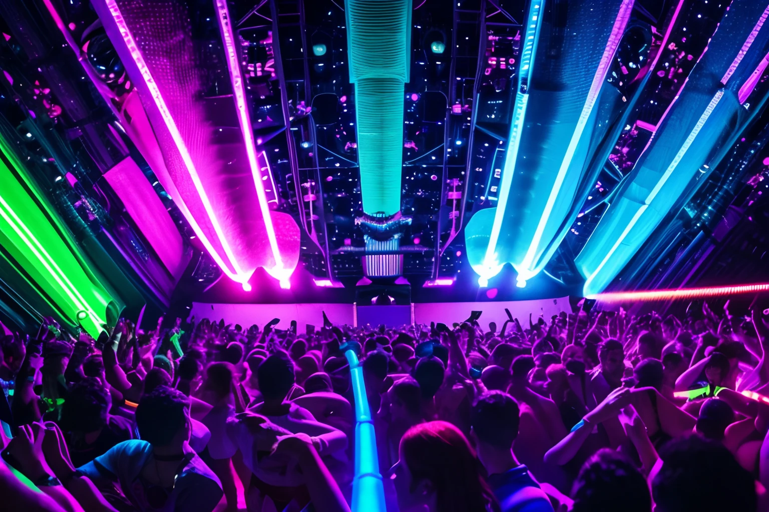 Description: In the bustling hangar bay of the spaceship, vibrant neon lights illuminate the space, casting a colorful glow on the attendees below. The hangar echoes with pulsating electronic music, and the air is filled with an energetic buzz of excitement.

Attendees, dressed in futuristic rave attire, adorn themselves with neon-colored clothing, LED accessories, and glow-in-the-dark body paint. They wear baggy pants, hoodies, and metallic outfits that shimmer under the dynamic lights. Some wear fluffies and fishnet stockings, adding to the eclectic fashion mix.

In their hands, they hold illuminated alcoholic beverages, the drinks glowing in various hues, matching the neon lights surrounding them. The attendees climb on top of small space craft drones, transforming the vessels into impromptu dance platforms. With every beat of the music, they move and groove, their movements synchronized to the rhythm.

The drones, adorned with LED strips and pulsating in time with the music, float gracefully above the hangar floor. Attendees revel in the weightlessness of the space, jumping and twirling with unmatched enthusiasm. The combination of futuristic fashion, neon lights, and the backdrop of the spaceship's interior creates a surreal and visually stunning scene.

As the music crescendos, the attendees cheer, raising their glowing drinks in a toast to the electrifying atmosphere. The hangar bay becomes a mesmerizing fusion of technology, fashion, and music, capturing the essence of a rave in zero gravity.