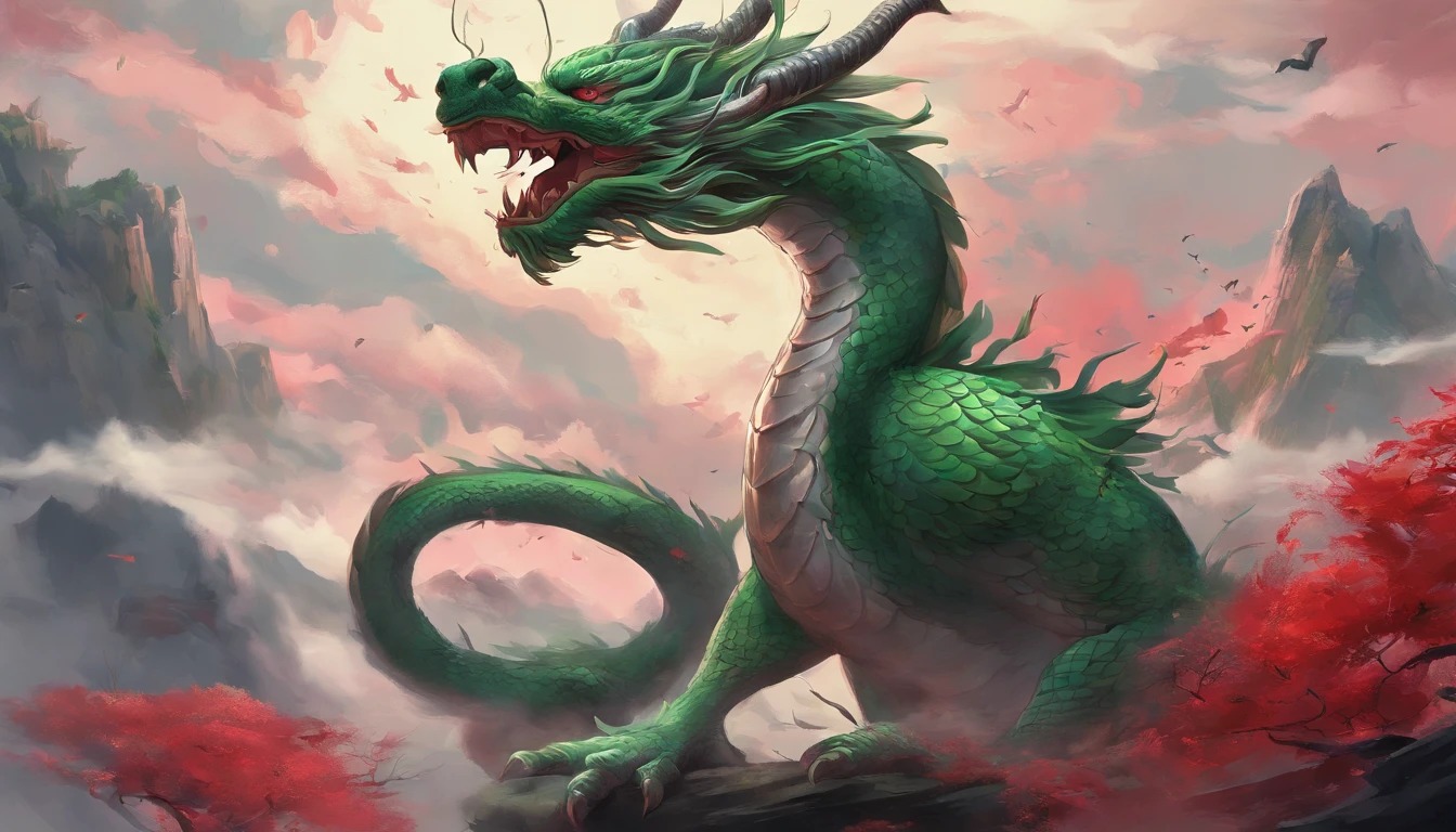 China-style,Chinese mythology,Chinese Green Dragon,tosen,Ferocious,gargantuan,The eyes glow red,Glow effects,surrounded by cloud,Thick clouds,中景 the scene is,Full body like, highly detailed surreal vfx,oc rendered,