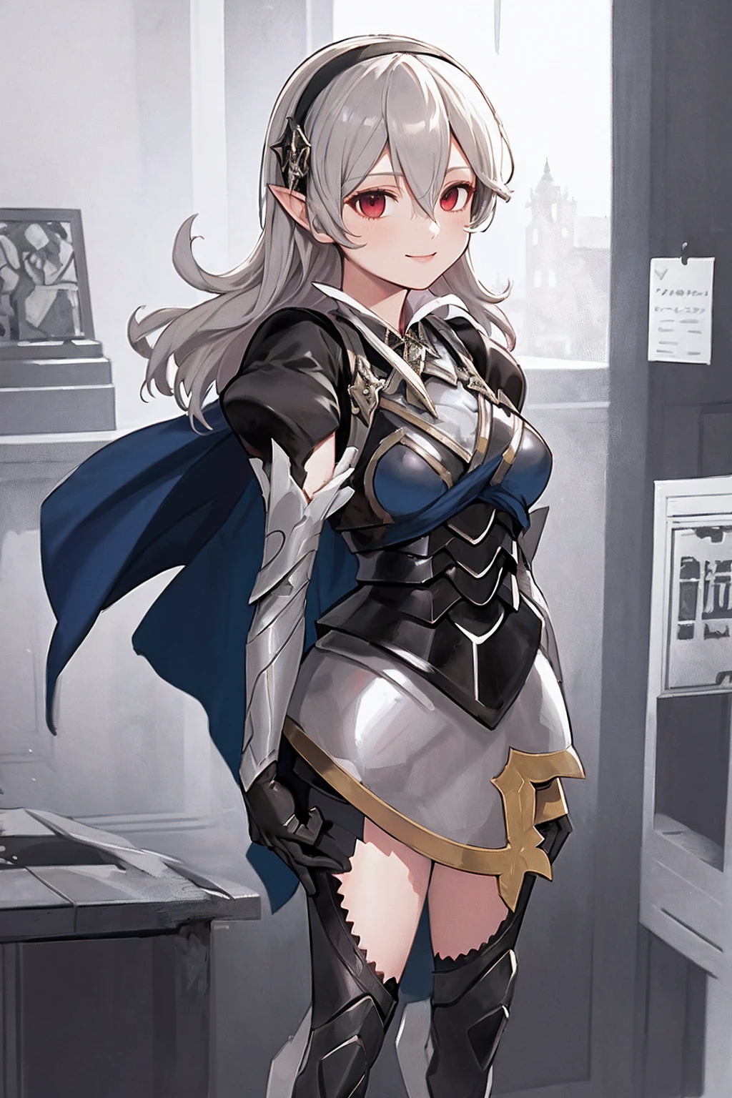 masterpiece, best quality, defCorrin, black hairband, armored dress, blue cape, puffy sleeves, juliet sleeves, vambraces, black gloves, armored legwear, upper body, looking at viewer, castle, gothic architecture, smile, sky, clouds, hands to heart full body, standing,full body, pantd, boots,